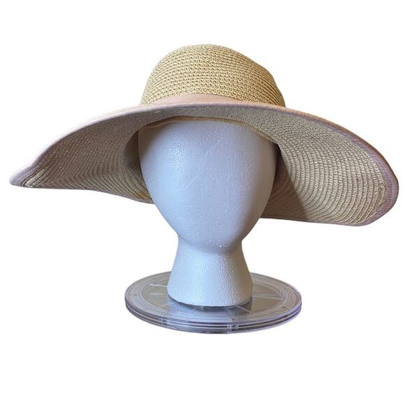LANDS END Tan with Pink‎ Trim Straw Floppy Hat - Picture 1 of 7